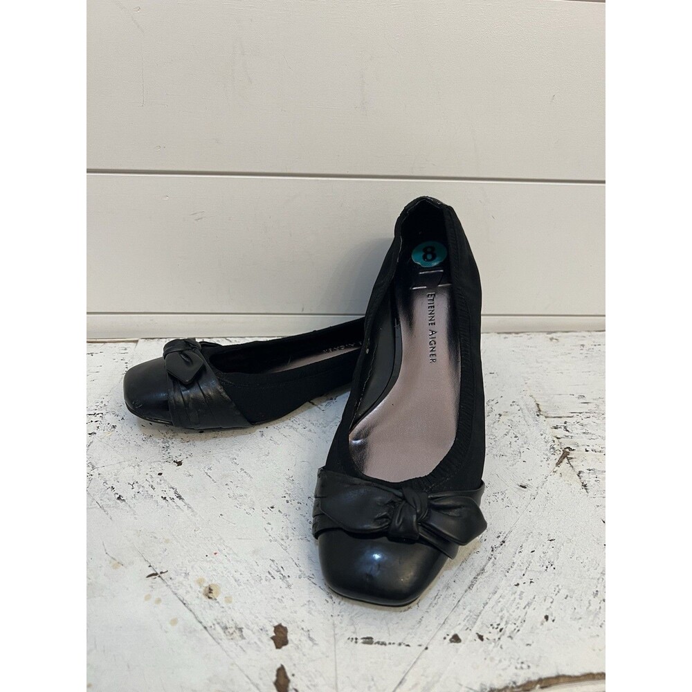 Etienne Aigner Black Flat Bow Square Toe Slip On Women's Size 8